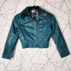 Disney Descendants 3 Uma Teal Green Sequin Faux Leather Moto Jacket